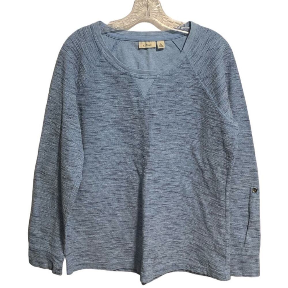 L.L. BEAN L Pullover Roll-Tab Sleeve Top 100% Cotton Item ID 288996 Blue Heather